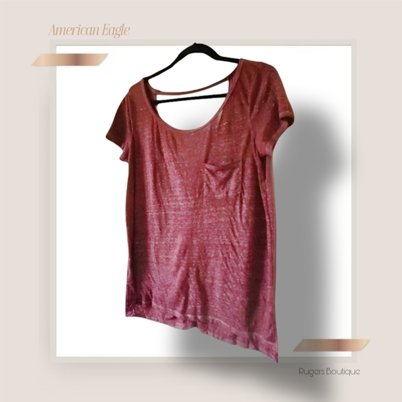 🌿American Eagle Distressed High-Low Maroon Pocket Tee Medium - Picture 3 of 10
